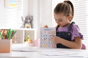 Little girl holding card with numbers in classroom at English lesson