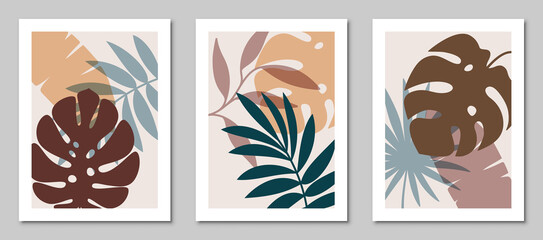 Fototapeta na wymiar Set of abstract art nature backgrounds. Modern shape line art, foliage, botanical, tropical leaves floral design for cover, wallpaper, home decoration, wall art.