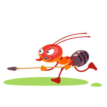 Ant soldier character in a fighting pose screams and runs to attack. Cartoon flat design vector illustration isolated on white background