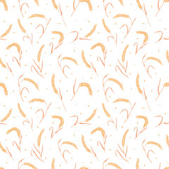 Seamless pattern with whole grain seeds organic, natural ears isolated on white background flat style design vector illustration. Wheat, barley or rye ears with straw chaotic version.