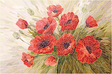 Stained glass red poppies on a beige background. Vector graphics
