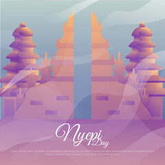 Vector illustration of Nyepi day with Balinese gate and temple as the background