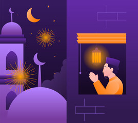 Islamic new year vector illustration with a man in a hat celebrating the new year by praying kindness