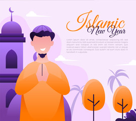 Vector illustration of a man celebrating happy Islamic new year