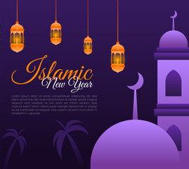 Islamic new year vector illustration with mosque and palm tree background plus islamic lantern decoration