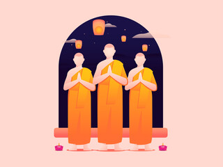Vector illustration of three monks celebrating Vesak Day