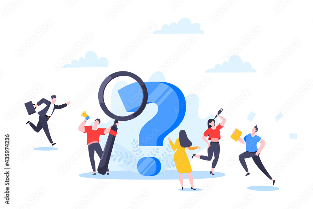 Poster q and a or faq concept with tiny people characters, big question mark, frequently asked questions te