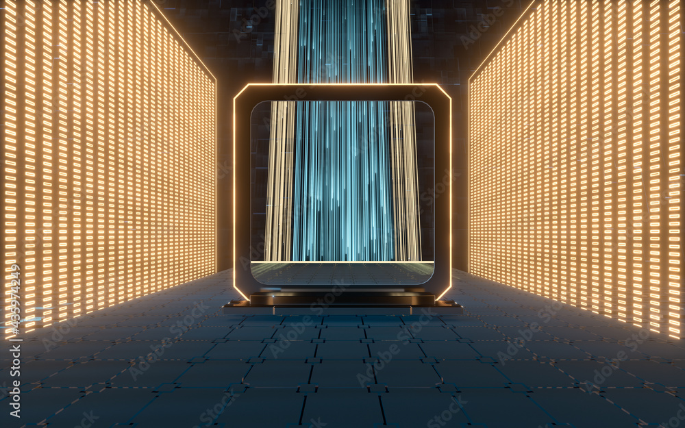 Poster glowing lines and chip with black background, 3d rendering.
