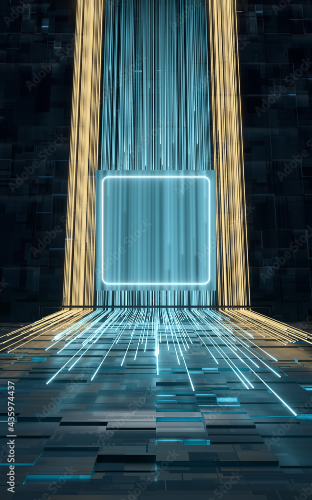 Poster glowing lines and cubes with black background, 3d rendering.