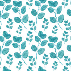 Fototapeta na wymiar Seamless pattern with turquoise eucalyptus on white isolated background. Botanical wedding leaf print