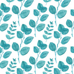 Seamless pattern with turquoise eucalyptus on white isolated background. Botanical wedding leaf print in hand-painted watercolor technique. Designs for fabric, wrapping paper, web.