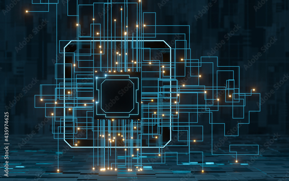 Poster circuit lines and chip with black background, 3d rendering.