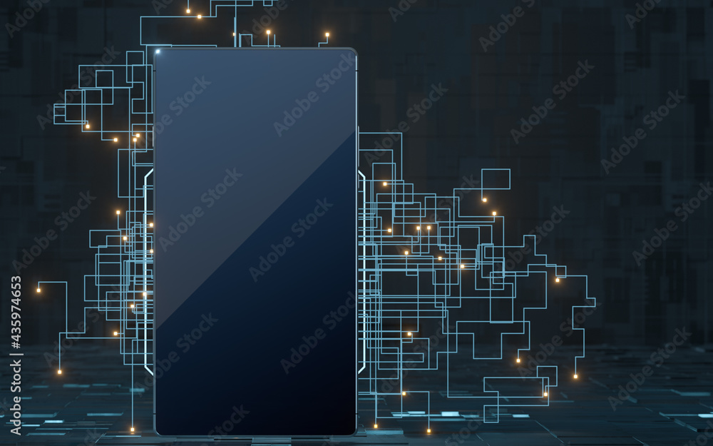 Poster circuit lines and mobile phone with black background, 3d rendering.