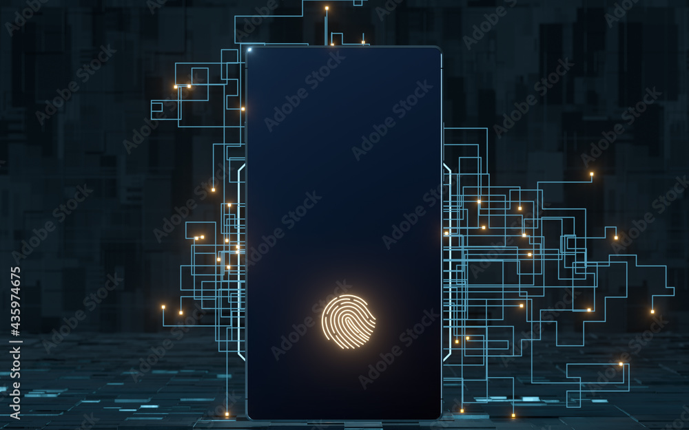 Poster circuit lines and mobile phone with black background, 3d rendering.