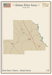 Map on an old playing card of Chilton county in Alabama, USA.