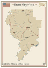 Map on an old playing card of Clarke county in Alabama, USA.