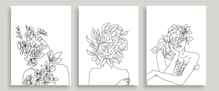 Woman Head with Flowers Line Vector Drawing. Style Template with Female Face with Flowers. Modern Minimalist Simple Linear Style. Beauty Fashion Design