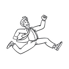 smiling businessman sprinting. outline, comic, monochrome, isolated.