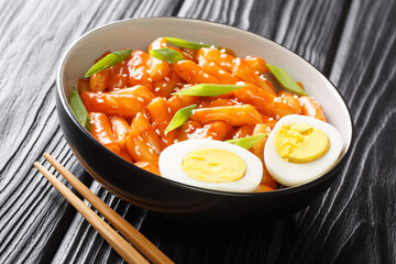 Tteokbokki dukbokki is a popular Korean street food made of soft, chewy rice cakes cooked in a sweet and spicy sauce close-up in a bowl on the table. horizontal