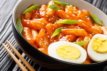 Tteokbokki also spelled ddukbokki, ddeokbokki, dukbokki or topokki is a beloved Korean rice cake dish close-up in a bowl on the table. horizontal
