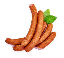 Smoked Hot dog sausages, isolated on white background. High resolution image.