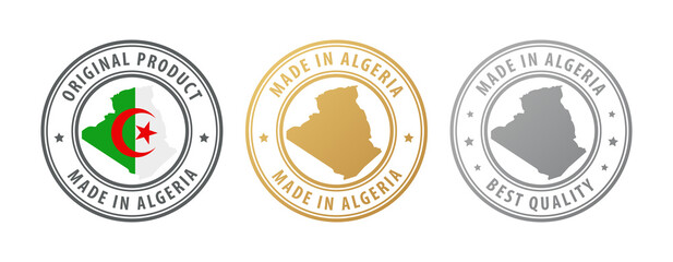 Made in Algeria - set of stamps with map and flag. Best quality. Original product. Vector illustration