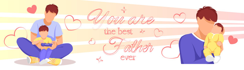 Father with son. Dad and son, Family, Father's day concept. Vector illustration for greeting card, flyer, poster, banner.