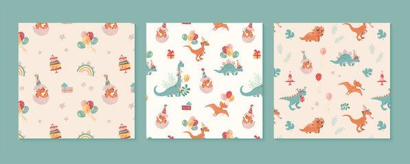 Festive set of patterns with dinosaurs. Velocepator, brontosaurus, stegosaurus, pteranodon, and a baby that has just hatched from an egg. Balloons, gifts. Cheerful vector background for children. © Анна Канищева
