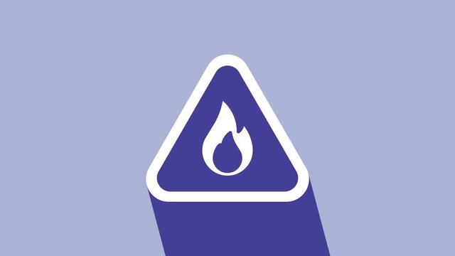 White Fire flame in triangle icon isolated on purple background. Warning sign of flammable product. 4K Video motion graphic animation