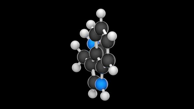 Tryptamine is a monoamine alkaloid. Formula C10H12N2. 3D render. Seamless loop. Chemical structure model: Ball and Stick. RGB + Alpha (Transparent) channel