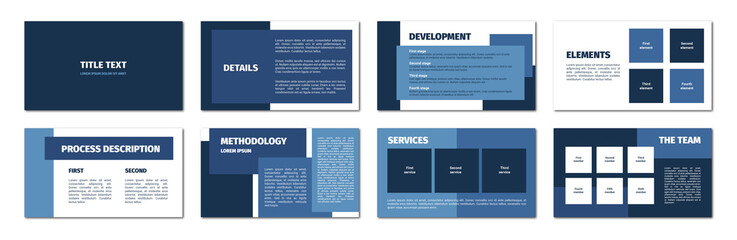 Presentation template. Blue rectangles flat design, white background. 8 slides. Title, detail, development, element, process description, methodology, services, team.