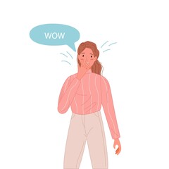 Surprised beautiful woman say wow with speech bubble. Portrait of character emotion girl waving with hand. Vector illustration