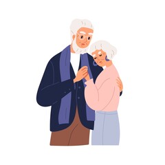 Senior couple of man and woman hugging. Old gray-haired husband and wife embracing and supporting each other. Grandma and grandpa together. Flat vector illustration isolated on white background