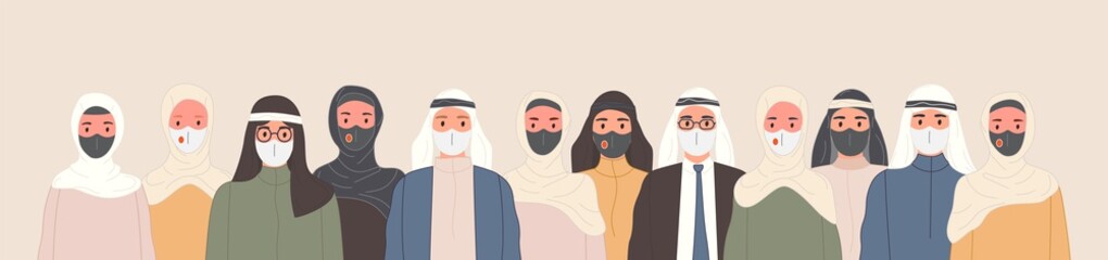 Group of Arab people in traditional Islamic clothing wearing medical masks. Muslim men and women in protected medical mask stay in line. Vector illustration