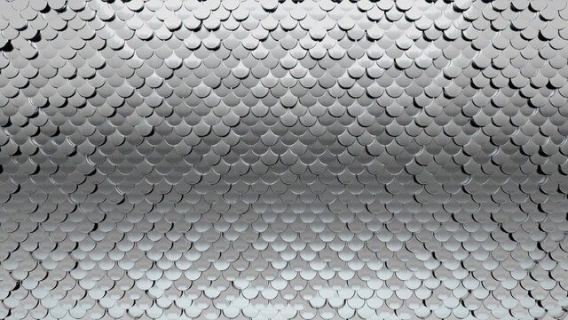 Luxurious, Silver Wall background with tiles. Fish Scale, tile Wallpaper with Polished, 3D blocks. 3D Render