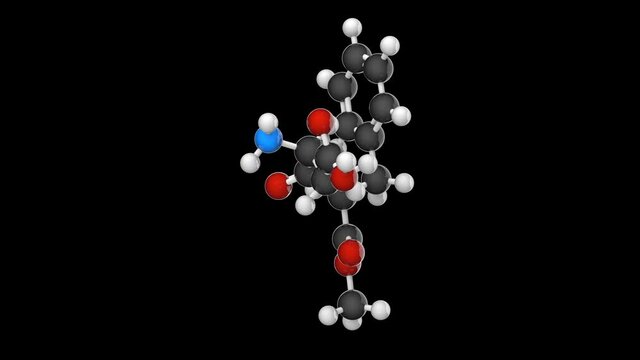 Aspartame - artificial sweetener. Chemical model and molecular structure, E951 food additive. C14H18N2O5. 3D render. Seamless loop. RGB + Alpha (Transparent) channel