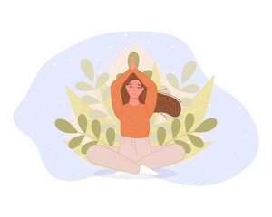 Women sitting on floor and meditating in lotus pose. Yoga meditation practice concept in cartoon style. Vector illustration