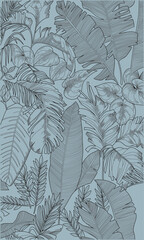 Black lines pattern of tropical leaves pattern style on gray background, flat line vector and illustration.