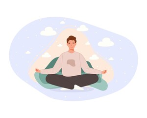 Men sitting on floor and meditating in lotus pose. Yoga meditation practice concept in cartoon style. Vector illustration