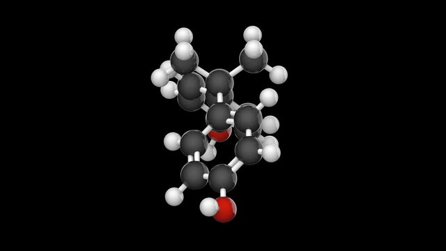 Molecular structure of Bisphenol A (BPA) - plastic pollutant molecule. Formula C15H16O2. 3D render. Seamless loop. Chemical structure model: Ball and Stick. RGB + Alpha (Transparent) channel