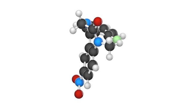 Flunitrazepam (Rohypnol) hypnotic drug molecule. Formula C16H12FN3O3. 3D render. Seamless loop. Chemical structure model: Ball and Stick. White background