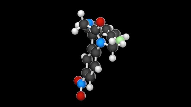 Flunitrazepam (Rohypnol) hypnotic drug molecule. Formula C16H12FN3O3. 3D render. Seamless loop. Chemical structure model: Ball and Stick. RGB + Alpha (Transparent) channel