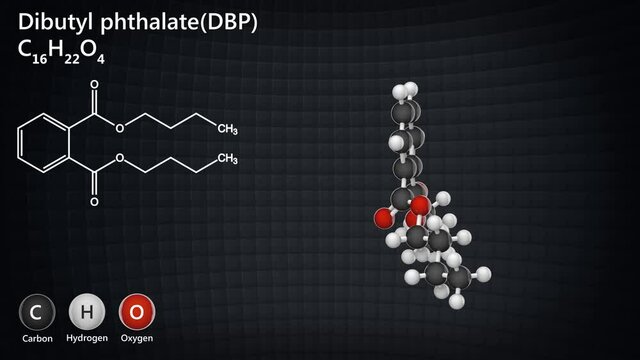 Molecular structure of Dibutyl phthalate. Other names: DBP, Butyl phthalate. Formula C16H22O4. 3D render. Seamless loop. Chemical structure model: Ball and Stick.
