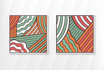 Set of abstract square background template design. retro style with dark grey outline. multicolored pattern use combination red, green, white, and orange colors. illustration of wall decoration.