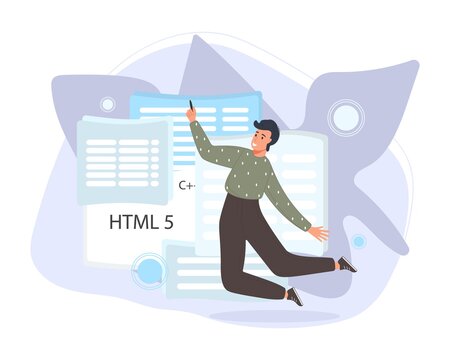 Software developers working of script coding. Engineer character programming in php, python, javascript, other languages. Vector illustration