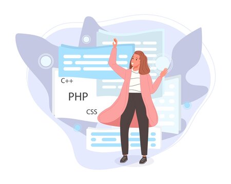 Software developers working of script coding. Engineer character programming in php, python, javascript, other languages. Vector illustration