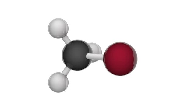 Molecular structure of Bromomethane (CH3Br) - pesticide, fumigant and soil sterilant. 3D render. Seamless loop. Chemical structure model: Ball and Stick. White background