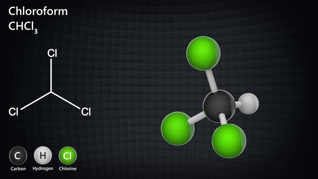 Chloroform (trichloromethane, Methane trichloride, Methyl trichloride, TCM). Formula CHCl3. 3D render. Seamless loop. Chemical structure model: Ball and Stick.