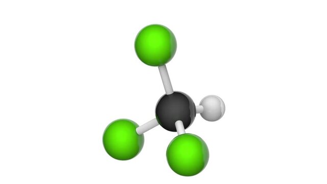 Chloroform (trichloromethane, Methane trichloride, Methyl trichloride, TCM). Formula CHCl3. 3D render. Seamless loop. Chemical structure model: Ball and Stick. White background
