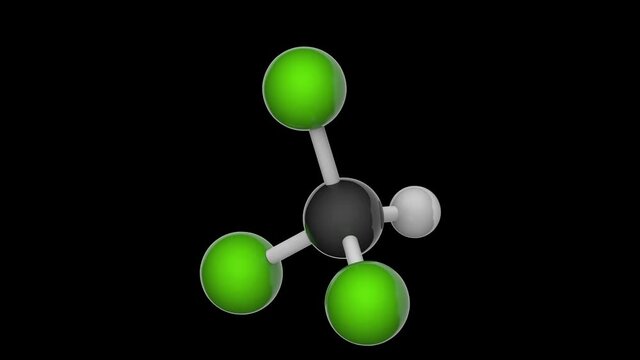 Chloroform (trichloromethane, Methane trichloride, Methyl trichloride, TCM). Formula CHCl3. 3D render. Seamless loop. Chemical structure model: Ball and Stick. RGB + Alpha (Transparent) channel